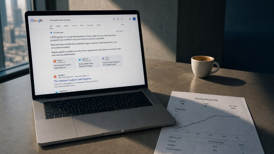 Google AI Overview citing sources on a laptop next to a flat pipeline report